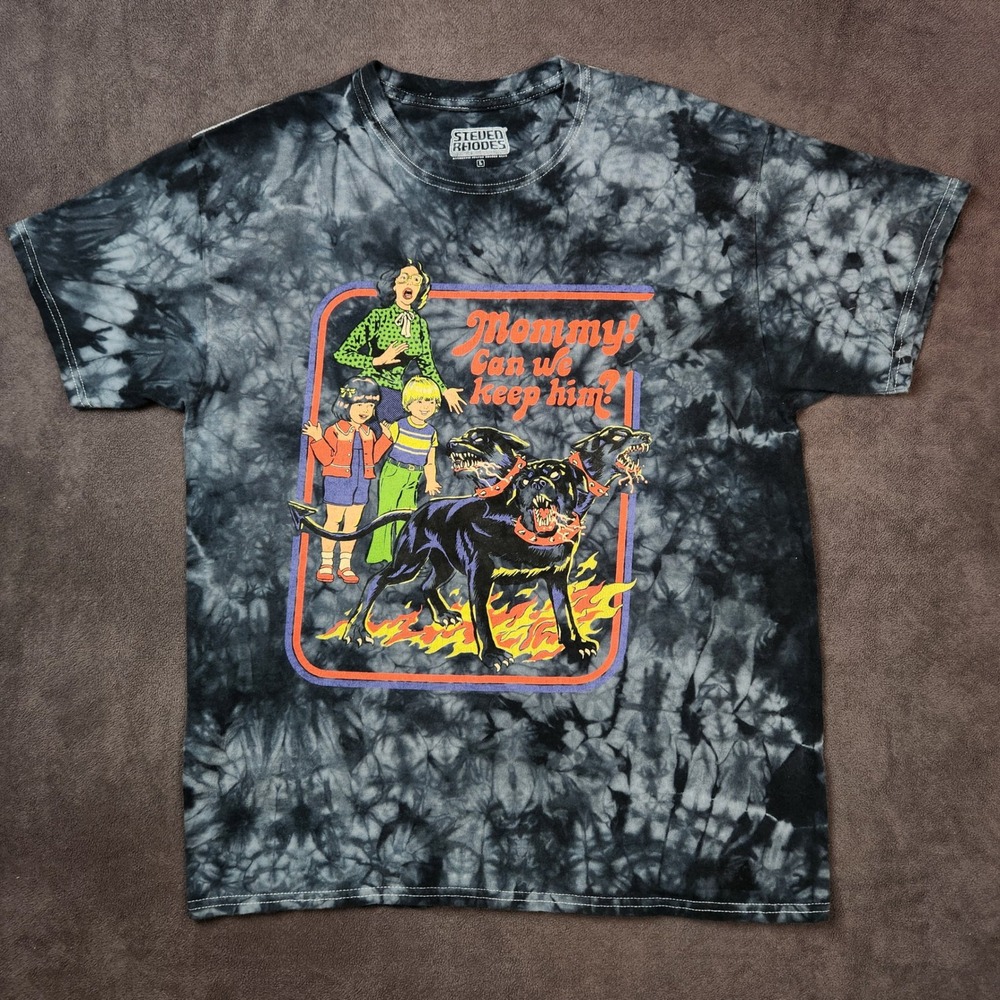 Steven Rhodes Shirt Mens Large Mommy Can We Keep Him Graphic Tee Black Tie Dye‎